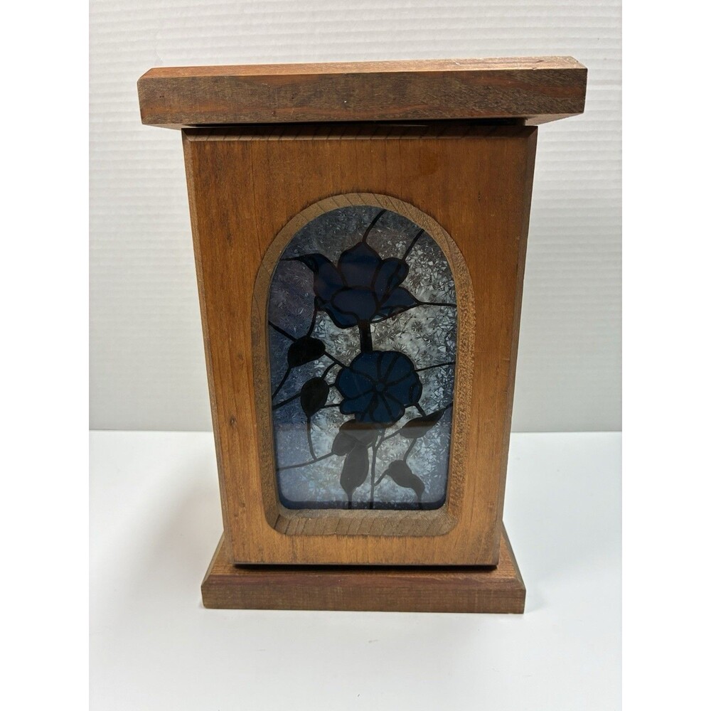 Vintage Wooden Candle Luminary Holder With Stained Glass Blue Flower Box